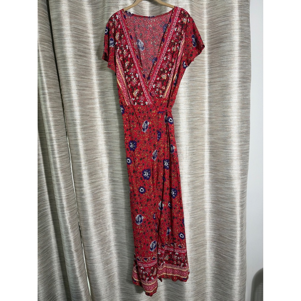 Pretty Garden Red Floral Cotton Maxi Wrap Dress Short Sleeve Boho V-Neck Medium